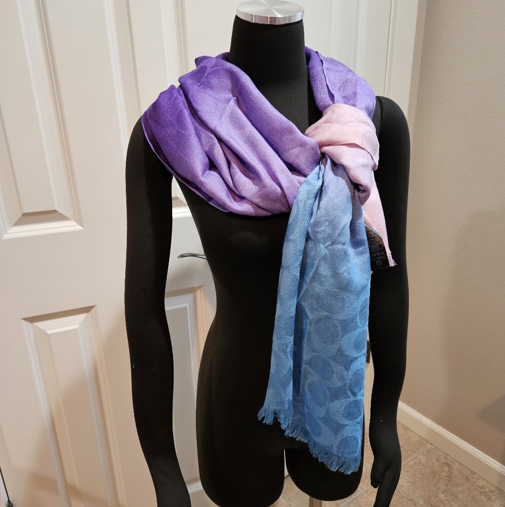 Coach Signature C Wrap Scarf Luxe Silk Wool Blend Oversize Ombre Purple Blue NWT